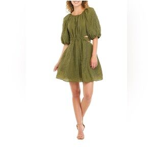 Olive Puff-Sleeve Cutout Mini Dress